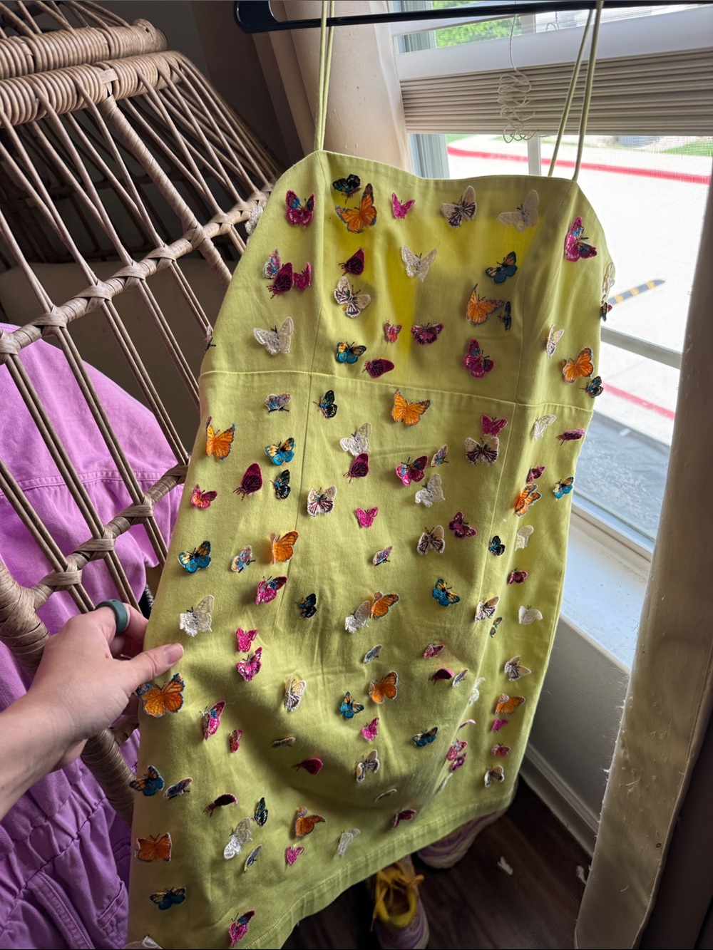 Anthropologie Lime Green Butterfly 3D Embroidered Mini Dress